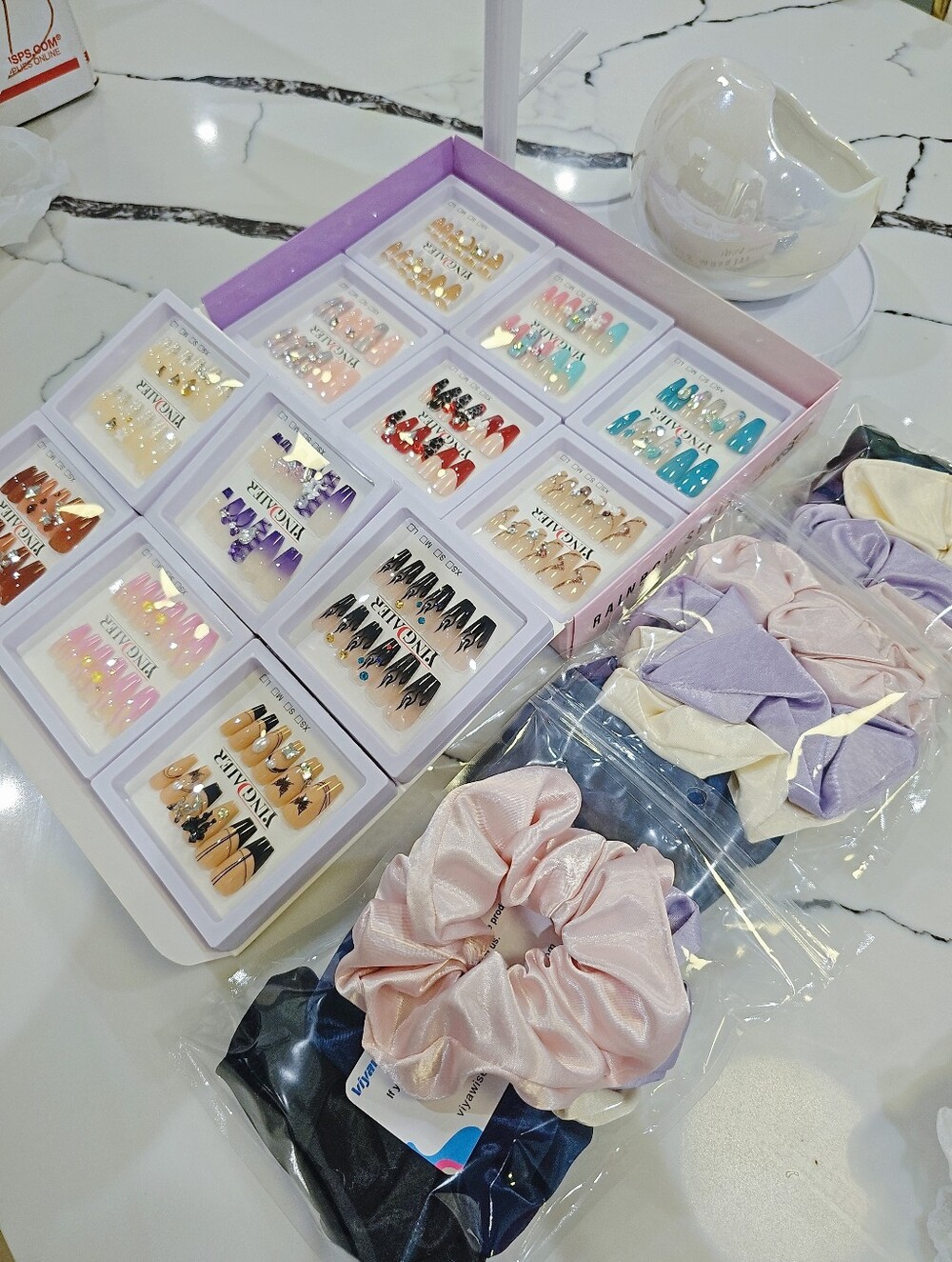BRAND NEW Bundle 12 Set PRESS ON NAILS & 15 PCS SATIN HAIR TIE